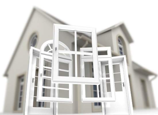 3D rendering of different types of windows protruding from a tall gray house. 